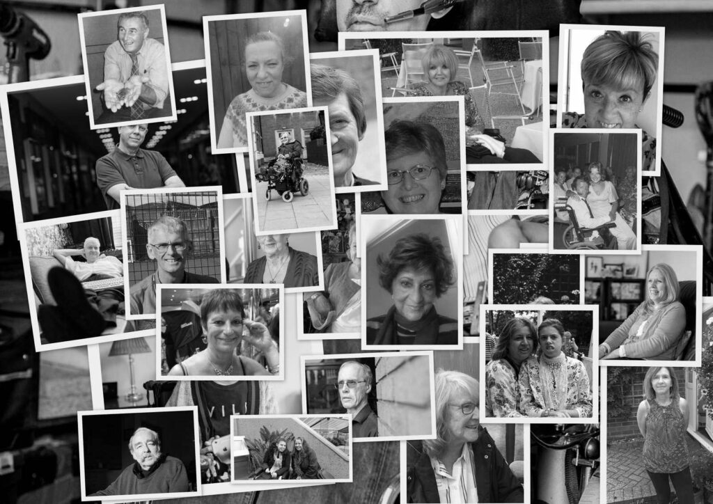 A black and white collage of photos of people who took part in the Fighting For Our Rights project