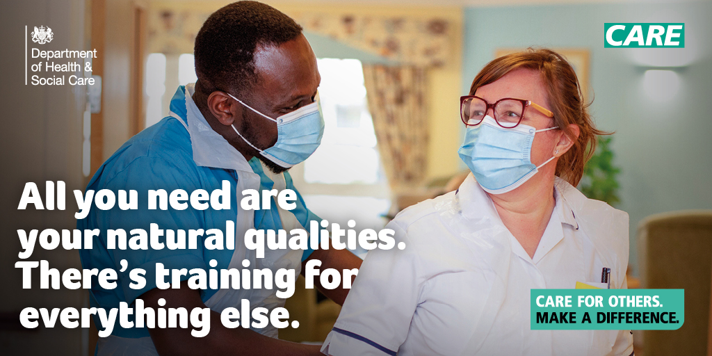 Poster showing two carers wearing face masks, with the words 'All you need are your natural qualities. There's training for everything else'