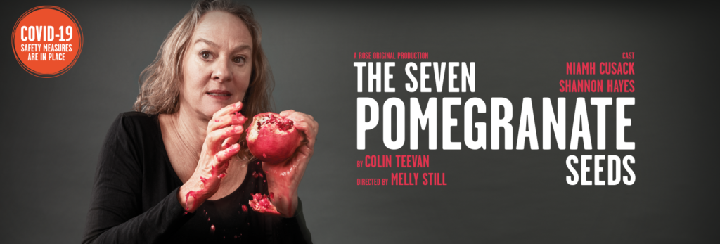 Poster for The Seven Pomegranate Seeds, the actress is tearing a part a pomegranate