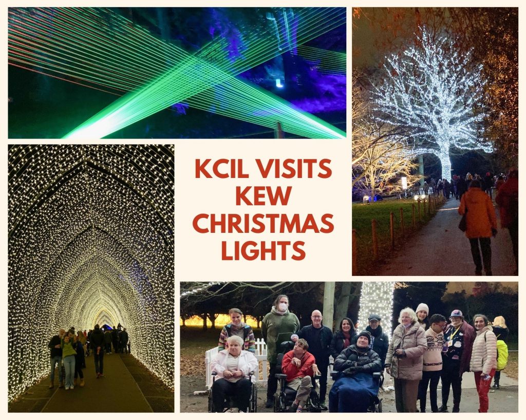 Photo collage from Kew Christmas lights, there's lasers, lots of fairy lights (a tunnel and a fairy light wrapped tree) plus a photo of the KCIL grouo