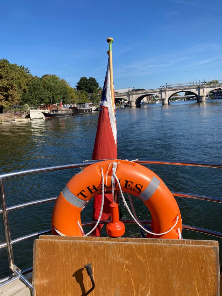 The view from the front of the boat, showing Kingston Bridge