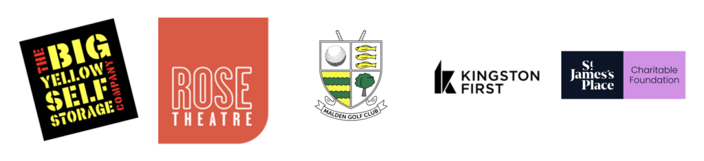 Logos of KCIL supporters, Big Yellow, Rose Theatre, Malden Golf Club, Kingston First, St. James's Place Charitable Foundation