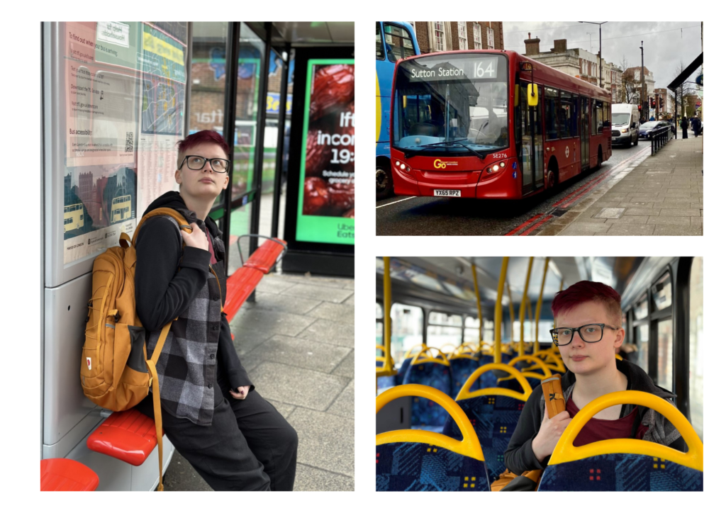 A collage of photos, one shows a young person sitting at a bus stop, another shows a Sutton bus, and another shows the young person on the bus