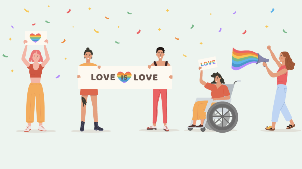 Pride illustration. People holding up Pride banners and flags.