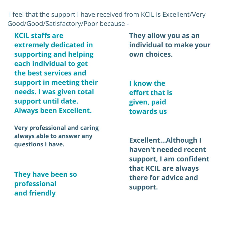 I feel that the support I have received from KCIL is Excellent/Very Good/Good/Satisfactory/Poor because - KCIL staffs are extremely dedicated in supporting and helping each individual to get the best services and support in meeting their needs. I was given total support until date. Always been Excellent. Very professional and caring always able to answer any questions I have. They have been so professional and friendly. They allow you as an individual to make your own choices. I know the effort that is given, paid towards us. Excellent...Although I haven't needed recent support, I am confident that KCIL are always there for advice and support.
