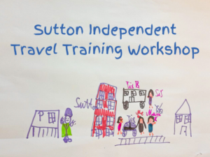 A young person's drawing of their journey through Sutton, with the words Sutton Independent Travel Training Workshop