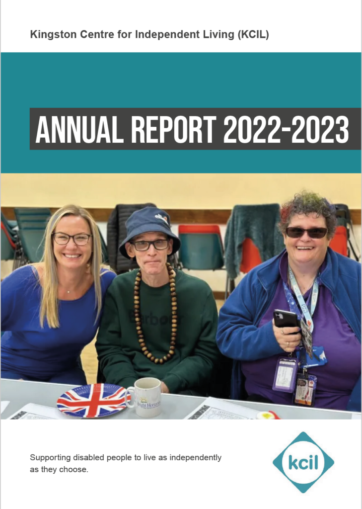 Front cover of KCIL's annual report, showing KCIL member of staff with two members at a party