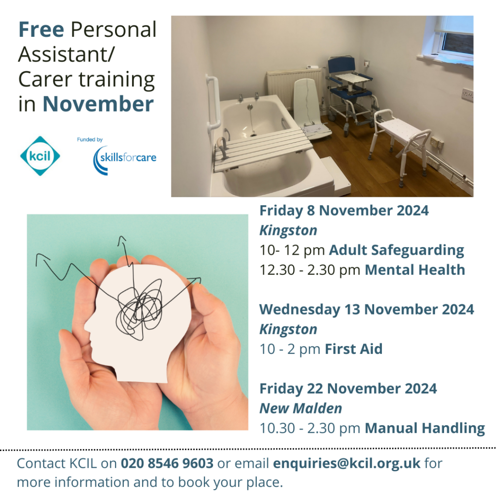 Flyer for PA training dates in November, showing pictures of the Manual Handling training suite and a graphic representing mental health, dates as per blog post text