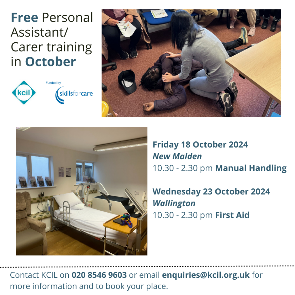 Flyer for PA training dates in October, showing pictures of the First Aid training and the Manual Handling training room, dates as per blog post text