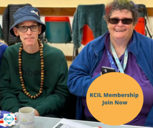 Two KCIL members at a KCIL party, with the words KCIL membership, join now