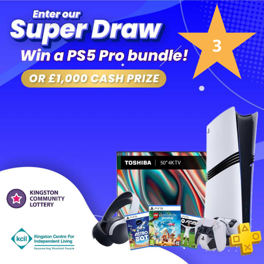 Kingston Community Lottery supper draw advert showing a PS5 bundle, with a star and the number 3