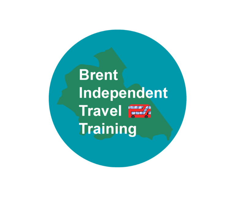 Brent Independent Travel Training logo, showing a map of Brent, the words Brent independent Travel Training and a small red bus