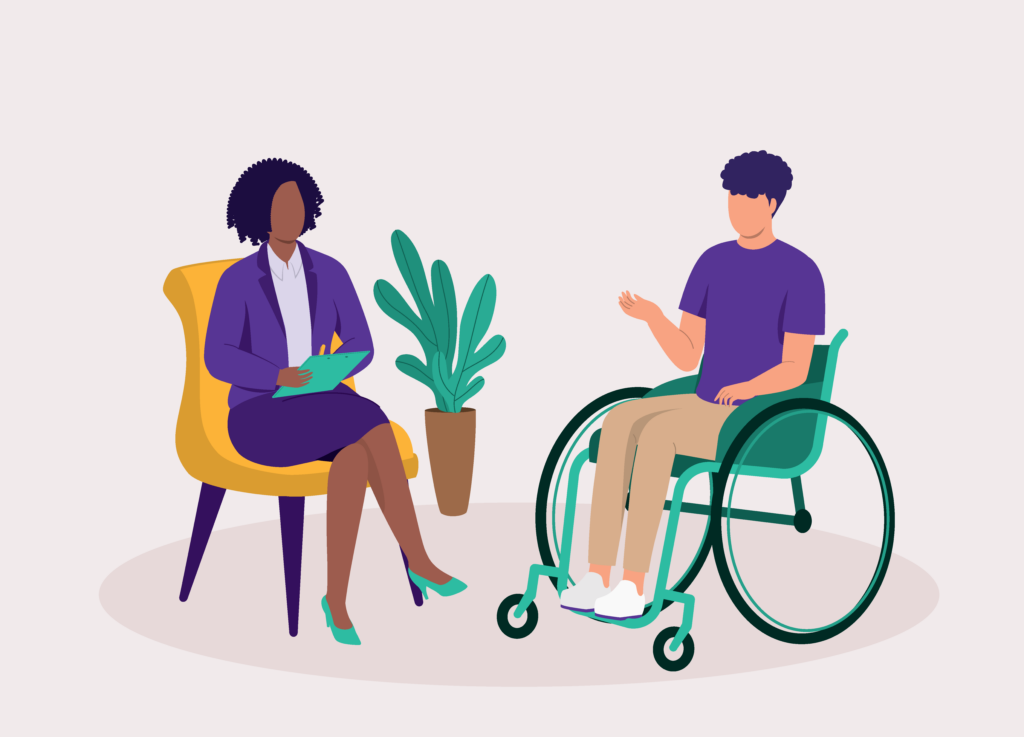 An illustration of a woman with a clipboard talking to a young man who is sitting in a wheelchair