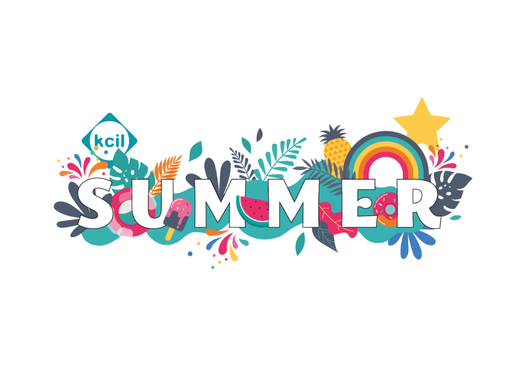 KCIL Summer 2025 logo, the word summer is in block capitals with colourful leaves, a river, a pineapple, a rainbow, the KCIL logo and a gold star
