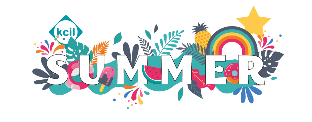 KCIL Summer 2025 logo, the word summer is in block capitals with colourful leaves, a river, a pineapple, a rainbow, the KCIL logo and a gold star