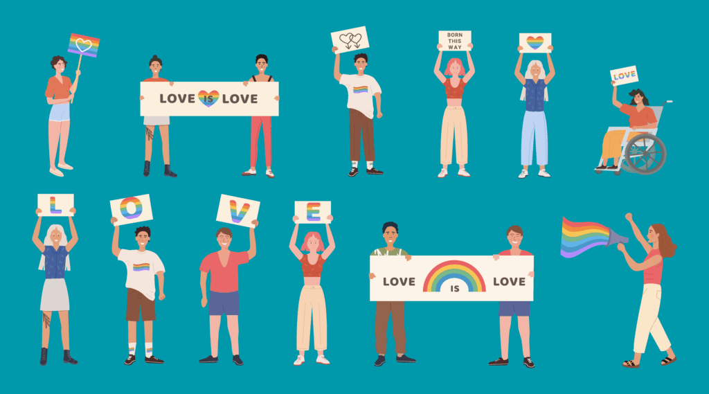 Illustrated people holding up Love is Love signs and rainbow flags