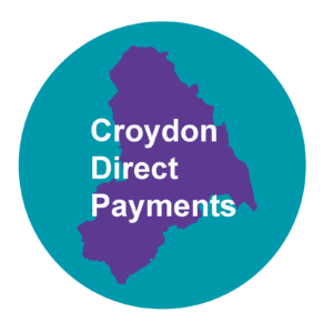 Croydon Direct Payments logo, showing the words Croydon Direct Payments, a map of Croydon in purple on a teal background