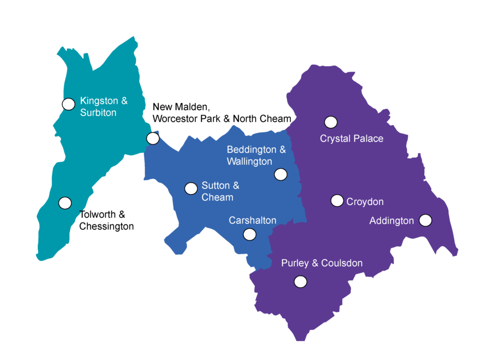 A map of Kingston, Sutton and Croydon boroughs,