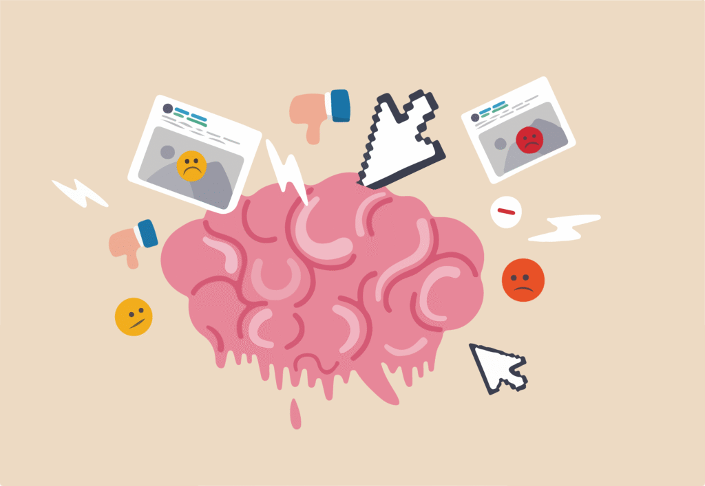 An illustration of a melting brain, with a computer arrow pointer symbol, unhappy emojis, thumbs down emojis, unhappy news stories