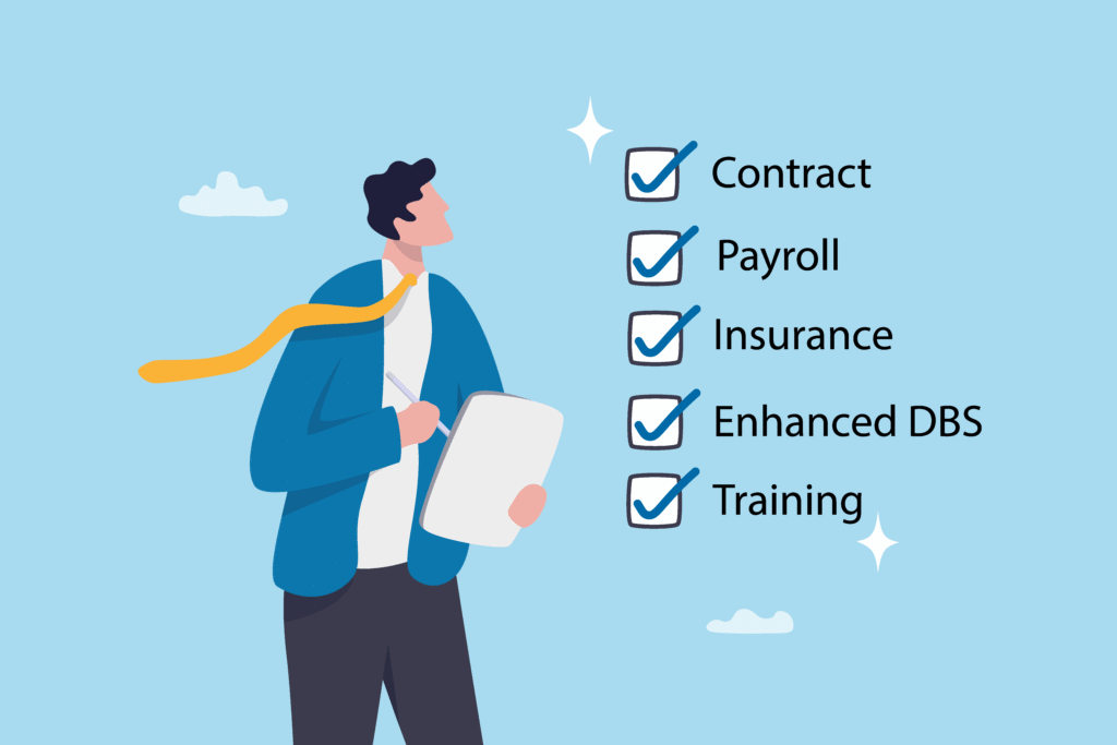 Someone holding a checklist, the tick boxes say contract, payroll, insurance, enhanced DBS, training