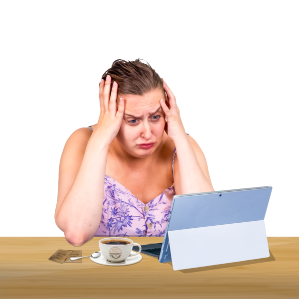 Woman looking stressed while using a tablet at a desk with a cup of coffee.