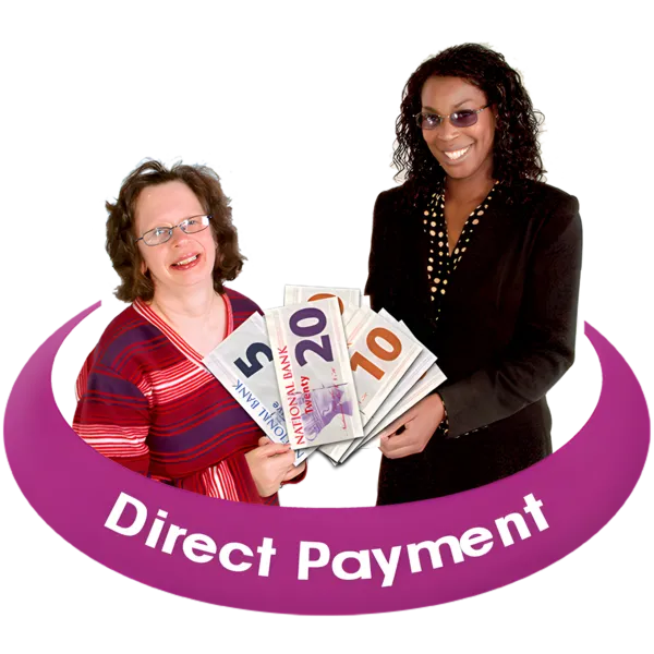 Two women holding oversized currency notes with the text 'Direct Payment' on a curved purple banner.