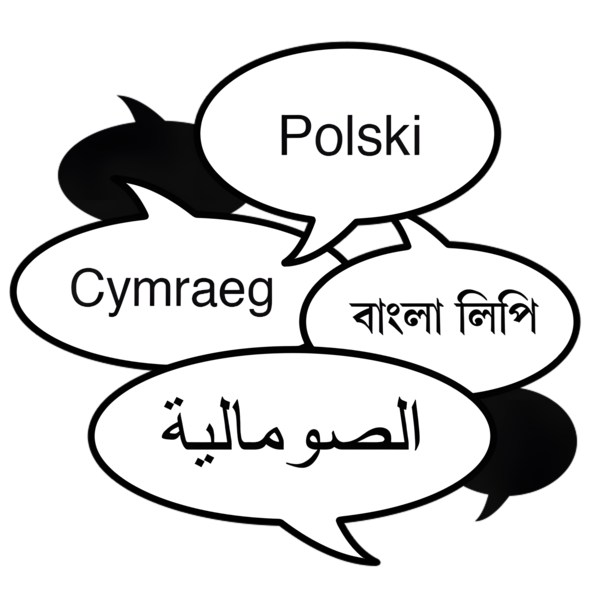 Speech bubbles with text in different languages including Polish, Welsh, Bengali, Arabic, and Somali.