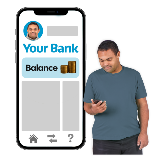 A man looking at his phone next to a large illustration of a banking app on a smartphone screen.