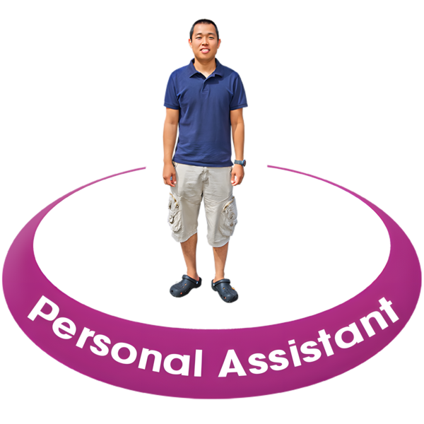 Man standing inside a purple circle with the text 'Personal Assistant'.