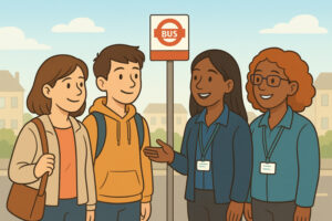 A cartoon of a mum and son standing next to a bus stop with two travel trainers