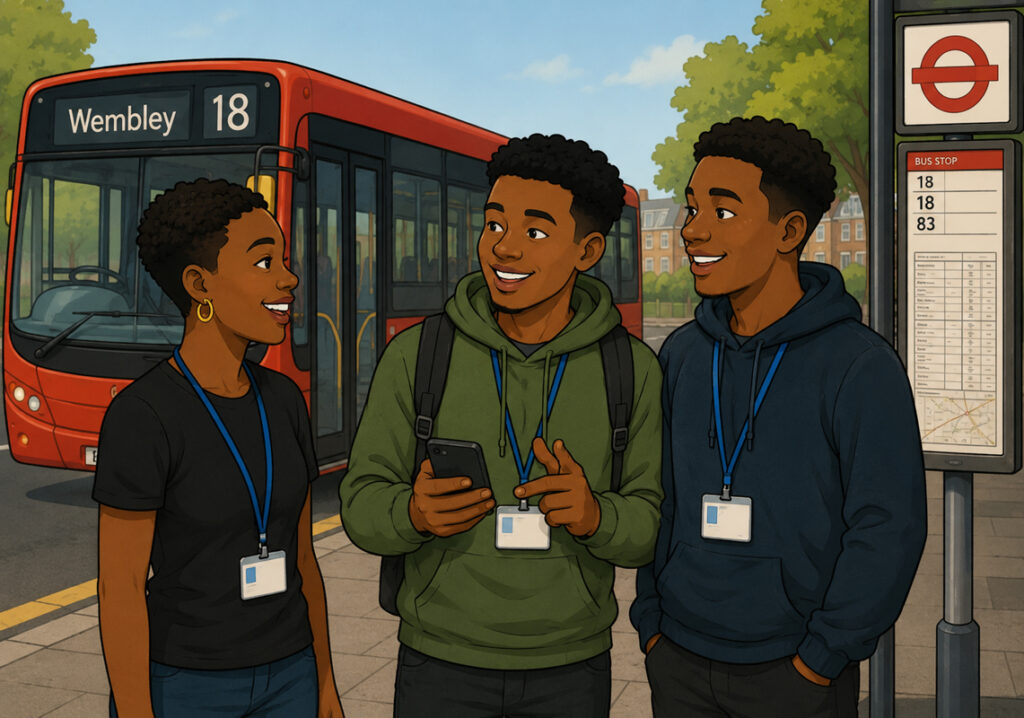 A cartoon of three ITT trainers by a bus stop with a bus about to pull up