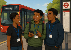 A cartoon of three ITT trainers by a bus stop with a bus about to pull up