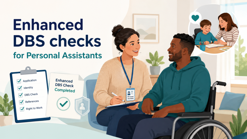 Enhanced DBS checks, image shows two people, one filling in a form