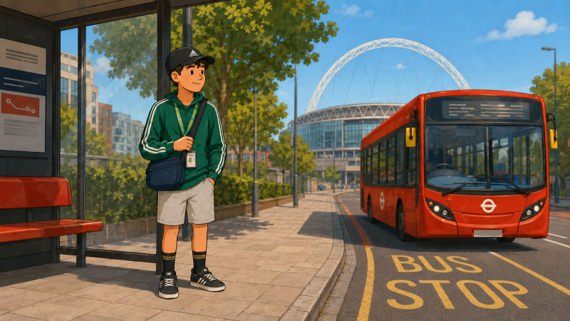 A boy stands at a bus stop in Wembley (illustration)