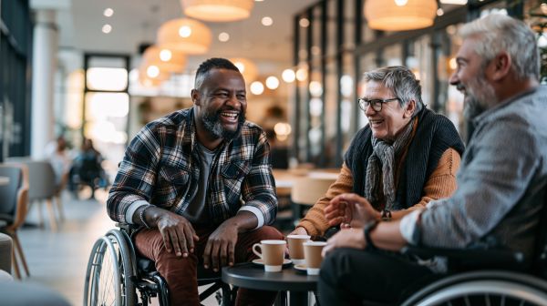 Wheelchair users smiling in a cafe
