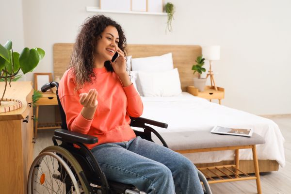 woman in wheelchair on phone in her bedroom