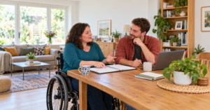 A woman using a wheelchair discusses an open planner with her personal assistant at a table at home. He listens attentively as she explains something, reflecting a positive working relationship.