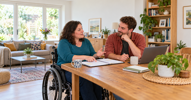 A woman using a wheelchair discusses an open planner with her personal assistant at a table at home. He listens attentively as she explains something, reflecting a positive working relationship.
