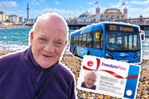 A collage of a KCIL member, a freedom pass, a Brighton bus and a background of Brighton pier